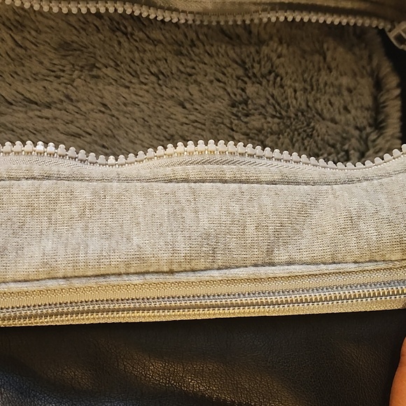 Women's Black Faux Leather Jacket with Gray Hoodie - Picture 7 of 10